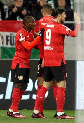 16.03.2023 Budapest(Hungary) Ferencvarosi TC-Bayer 04 Leverkusen Europa League round of 16 men s football Moussa Diaby(L),Serdar Azmoun(R) Bayer 04 Leverkusen celebration :