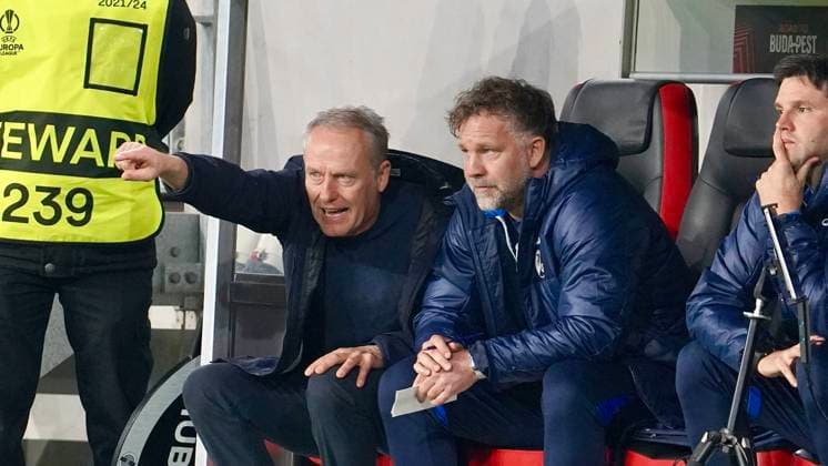 16 03 2023 Freiburg im Breisgau, Baden Württemberg, Germany, Europe Coach Christian Streich SC Freiburg and Co Coach Lars Voßler Football UEFA Europa League 2022 2023 Round of 16 Second leg SC Freiburg Juventus Torino, at Europa Park Stadium