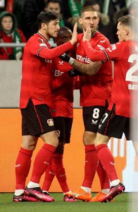 16.03.2023 Budapest(Hungary) Ferencvarosi TC-Bayer 04 Leverkusen Europa League round of 16 men s football Serdar Azmoun(L),Moussa Diaby(2L),Robert Andrich(3L), Florian Wirtz(R) Bayer 04 Leverkusen celebration :
