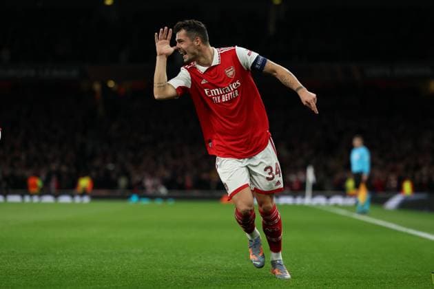 Sport Bilder des Tages 16th March 2023; Emirates Stadium, London, England; Europa League Football, Round of 16, Second Leg, Arsenal versus Sporting Lisbon; Granit Xhaka of Arsenal celebrates after he scores for 1-0 in the 19th minute  ActionPlus12487213 ShaunxBrooks