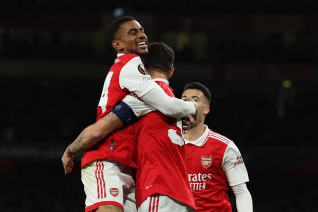 16th March 2023; Emirates Stadium, London, England; Europa League Football, Round of 16, Second Leg, Arsenal versus Sporting Lisbon; Granit Xhaka of Arsenal celebrates with Reiss Nelson after he scores for 1-0 in the 19th minute  ActionPlus12487218 ShaunxBrooks