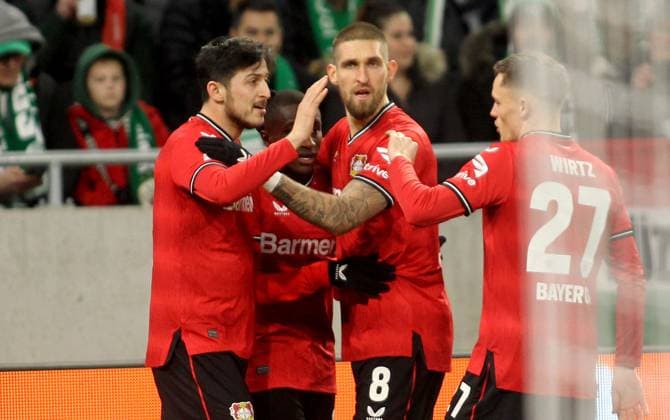 16.03.2023 Budapest(Hungary) Ferencvarosi TC-Bayer 04 Leverkusen Europa League round of 16 men s football Serdar Azmoun(L),Moussa Diaby(2L),Robert Andrich(3L), Florian Wirtz(R) Bayer 04 Leverkusen celebration :