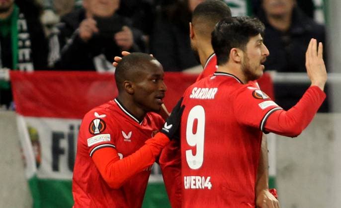 16.03.2023 Budapest(Hungary) Ferencvarosi TC-Bayer 04 Leverkusen Europa League round of 16 men s football Serdar Azmoun(R),Moussa Diaby(L) Bayer 04 Leverkusen celebration :