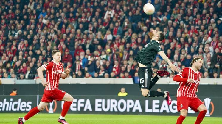 16 03 2023 Freiburg im Breisgau, Baden Württemberg, Germany, Europe Michael Gregoritsch SC Freiburg 38 Federico Gatti Juventus Turin 15 Lucas Höler SC Freiburg 9 Football UEFA Europa League 2022 2023 Round of 16 second leg SC Freiburg Juventus Turin, at Europa Park Stadium