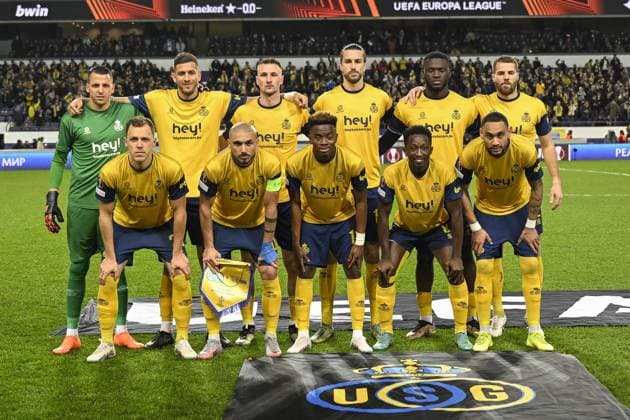Union s players pictured at the start of a soccer game between Belgian Royale Union Saint-Gilloise and German Union Berlin, Thursday 16 March 2023 in Anderlecht, Brussels, the return leg of the round of 16 of the UEFA Europa League competition, after a 3-3 draw result at the first leg. LAURIExDIEFFEMBACQ  x63146109x