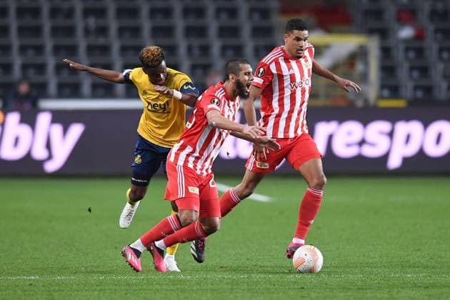 Soccer Europa League Round of 16 Union Saint Gilloise 1 FC Union Berlin on 16 03 2023 Lotto Park in Anderlecht Victor Boniface Saint Gilloise , left Aissa Laidouni Berlin , center Danilho Doekhi Berlin , right xHDx