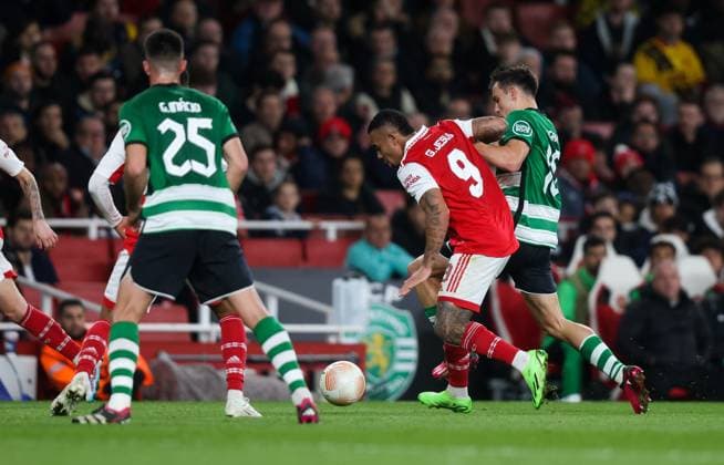 Mandatory Credit: Photo by Andrew Fosker Shutterstock (13820215af) Gabriel Jesus of Arsenal on the ball Arsenal v Sporting Lisbon, UEFA Europa League, Round of 16, Second Leg, Football, Emirates Stadium, London, UK - 16 Mar 2023 EDITORIAL USE ONLY No use with unauthorised audio, video, data, fixture lists, club league logos or live services. Online in-match use limited to 120 images, no video emulation. No use in betting, games or single club league player publications. Arsenal v Sporting Lisbon, UEFA Europa League, Round of 16, Second Leg, Football, Emirates Stadium, London, UK - 16 Mar 2023 EDITORIAL USE ONLY No use with unauthorised audio, video, data, fixture lists, club league logos or live services. Online in-match use limited to 120 images, no video emulation. No use in betting, games or single club league player publications. Copyright: xAndrewxFosker Shutterstockx 13820215af