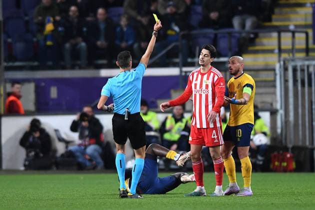 Soccer Europa League Round of 16 Union Saint Gilloise 1 FC Union Berlin on 16 03 2023 Lotto Park in Anderlecht Yellow yellow card for Diogo Leite Berlin xHDx