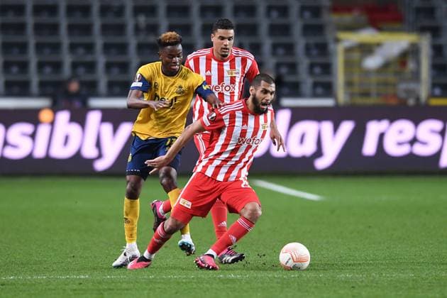 Soccer Europa League Round of 16 Union Saint Gilloise 1 FC Union Berlin on 16 03 2023 Lotto Park in Anderlecht Victor Boniface Saint Gilloise , left Danilho Doekhi Berlin , center Aissa Laidouni Berlin , right xHDx