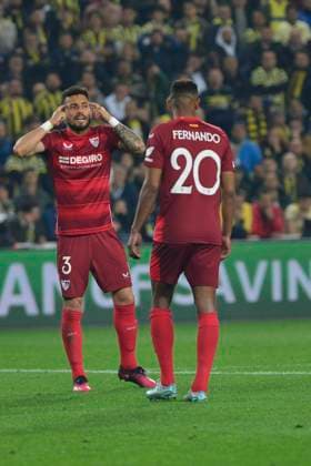 Alex Telles and Fernando of Fenerbahce during the UEFA Europa League round of 16 leg two match between Fenerbahce and Sevilla FC at Ulker Sukru Saracoglu Stadium in Istanbul, Turkey on March 16, 2023. Istanbul Turkey Copyright: xSeskimphotox Fenerbahce-Sevilla-16323 (171)