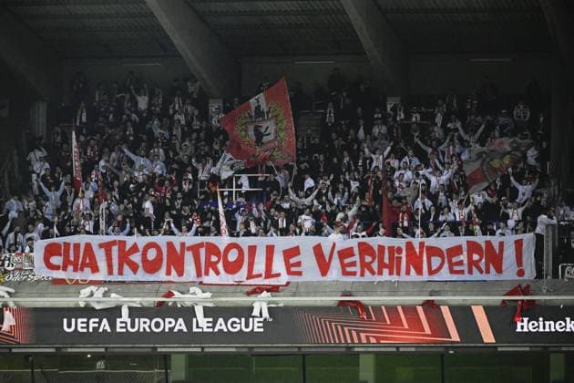 Berlin s supporters pictured during a soccer game between Belgian Royale Union Saint-Gilloise and German Union Berlin, Thursday 16 March 2023 in Anderlecht, Brussels, the return leg of the round of 16 of the UEFA Europa League competition, after a 3-3 draw result at the first leg. LAURIExDIEFFEMBACQ  x63148537x