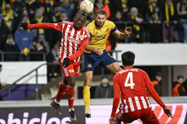 Sport Bilder des Tages Berlin s Jerome Roussillon and Union s Bart Nieuwkoop fight for the ball during a soccer game between Belgian Royale Union Saint-Gilloise and German Union Berlin, Thursday 16 March 2023 in Anderlecht, Brussels, the return leg of the round of 16 of the UEFA Europa League competition, after a 3-3 draw result at the first leg. LAURIExDIEFFEMBACQ  x63148595x