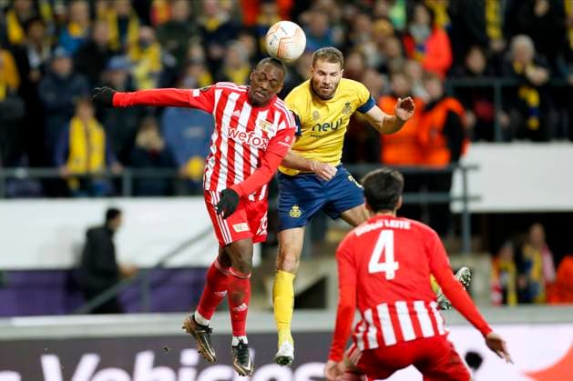 ANDERLECHT, BELGIUM - MARCH 16 : Roussillon Jerome defender of Union Berlin and Nieuwkoop Bart defender of Union St-Gilloise during the UEFA Europa League round of 16, 2nd leg between Royal Union Saint-Gilloise and FC Union Berlin on March 16, 2023 in Anderlecht, Belgium, 16 03 2023 ( Royal Union Saint-Gilloise v Union Berlin - UEFA Europa League PhotoNews Panoramic 