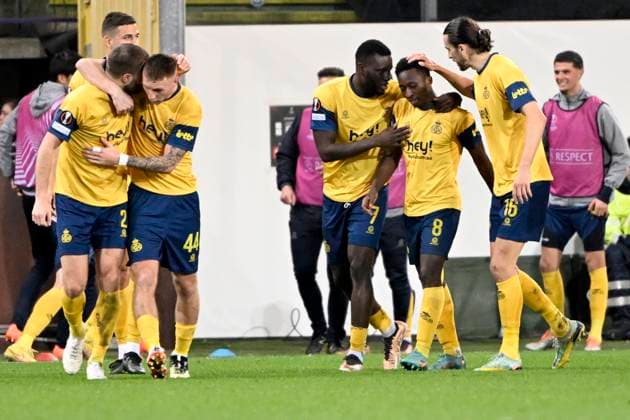 ANDERLECHT, BELGIUM - MARCH 16 : Amani Lazare midfielder of Union St-Gilloise celebrates scoring a goal during the UEFA Europa League round of 16, 2nd leg between Royal Union Saint-Gilloise and FC Union Berlin on March 16, 2023 in Anderlecht, Belgium, 16 03 2023 ( Royal Union Saint-Gilloise v Union Berlin - UEFA Europa League PhotoNews Panoramic 