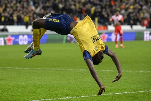Union s Lazare Amani celebrates after scoring during a soccer game between Belgian Royale Union Saint-Gilloise and German Union Berlin, Thursday 16 March 2023 in Anderlecht, Brussels, the return leg of the round of 16 of the UEFA Europa League competition, after a 3-3 draw result at the first leg. LAURIExDIEFFEMBACQ  x63150030x