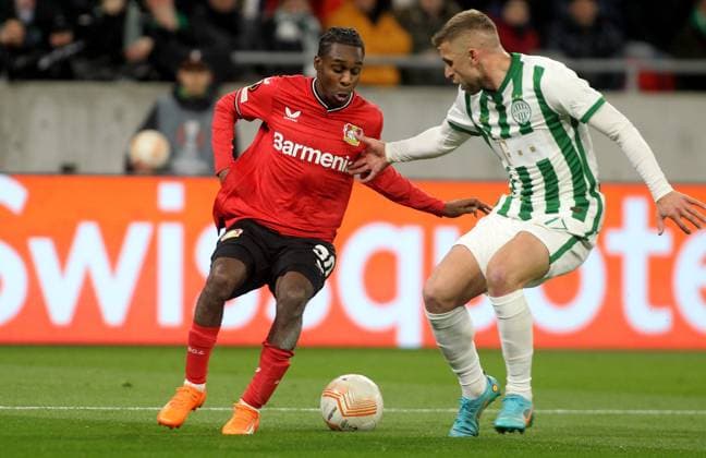16.03.2023 Budapest(Hungary) Ferencvarosi TC-Bayer 04 Leverkusen Europa League round of 16 men s football Jeremie Frimpong(L) Bayer 04 Leverkusen , Eldar Civic(R) Ferencvarosi TC :