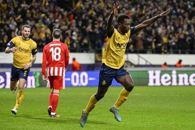 Union s Lazare Amani celebrates after scoring during a soccer game between Belgian Royale Union Saint-Gilloise and German Union Berlin, Thursday 16 March 2023 in Anderlecht, Brussels, the return leg of the round of 16 of the UEFA Europa League competition, after a 3-3 draw result at the first leg. LAURIExDIEFFEMBACQ  x63150061x
