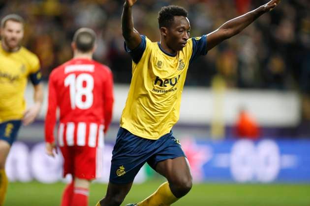 ANDERLECHT, BELGIUM - MARCH 16 : Amani Lazare midfielder of Union St-Gilloise celebrates after scoring during the UEFA Europa League round of 16, 2nd leg between Royal Union Saint-Gilloise and FC Union Berlin on March 16, 2023 in Anderlecht, Belgium, 16 03 2023 ( Royal Union Saint-Gilloise v Union Berlin - UEFA Europa League PhotoNews Panoramic 