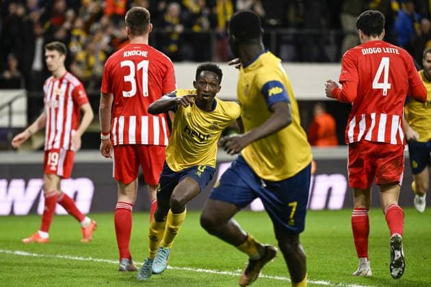 Union s Lazare Amani celebrates after scoring during a soccer game between Belgian Royale Union Saint-Gilloise and German Union Berlin, Thursday 16 March 2023 in Anderlecht, Brussels, the return leg of the round of 16 of the UEFA Europa League competition, after a 3-3 draw result at the first leg. LAURIExDIEFFEMBACQ  x63150073x