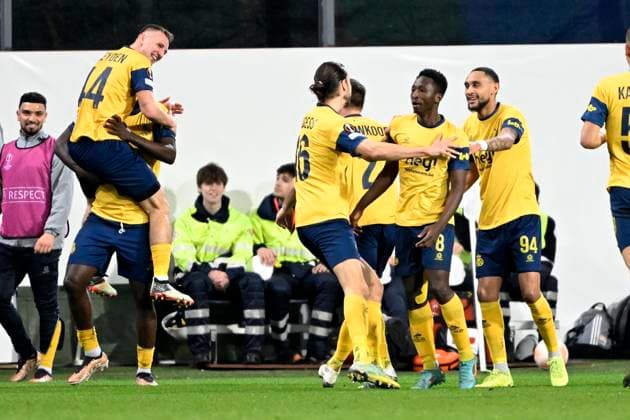 ANDERLECHT, BELGIUM - MARCH 16 : Amani Lazare midfielder of Union St-Gilloise celebrates scoring a goal during the UEFA Europa League round of 16, 2nd leg between Royal Union Saint-Gilloise and FC Union Berlin on March 16, 2023 in Anderlecht, Belgium, 16 03 2023 ( Royal Union Saint-Gilloise v Union Berlin - UEFA Europa League PhotoNews Panoramic 