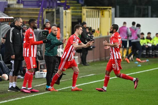 Football, men, season 2022 2023, Europa League Round of 16, second leg , Royale Union Saint Gilloise 1 FC Union Berlin at Lotto Park Brussels, f l Jordan Siebatcheu 1 FC Union Berlin , Janik Haberer 1 FC Union Berlin and Aissa Laidouni 1 FC Union Berlin , 16 03 2023, Copyright: xMatthiasxKochx