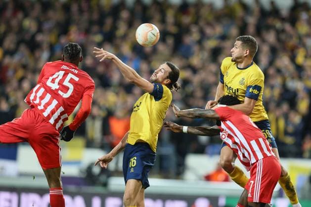 Berlin s Jordan Siebatcheu Pefok, Union s Christian Burgess and Union s Ismael Kandouss fight for the ball during a soccer game between Belgian Royale Union Saint-Gilloise and German Union Berlin, Thursday 16 March 2023 in Anderlecht, Brussels, the return leg of the round of 16 of the UEFA Europa League competition, after a 3-3 draw result at the first leg. BRUNOxFAHY  x63150819x