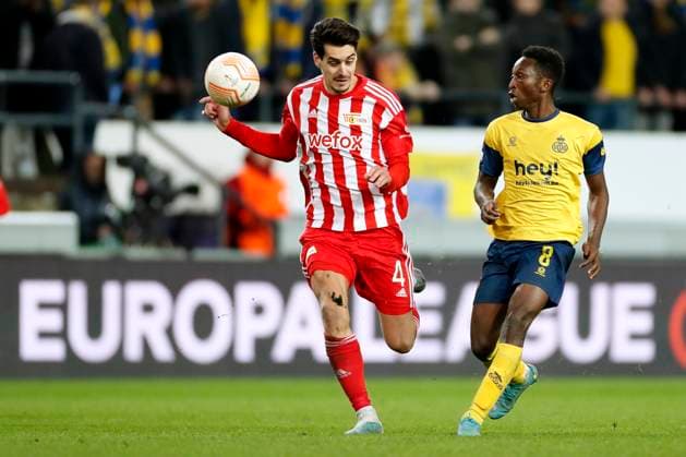 ANDERLECHT, BELGIUM - MARCH 16 : Amani Lazare midfielder of Union St-Gilloise and Leite Diogo defender of Union Berlin during the UEFA Europa League round of 16, 2nd leg between Royal Union Saint-Gilloise and FC Union Berlin on March 16, 2023 in Anderlecht, Belgium, 16 03 2023 ( Royal Union Saint-Gilloise v Union Berlin - UEFA Europa League PhotoNews Panoramic 