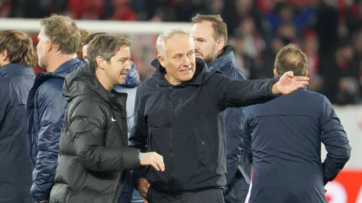 16 03 2023 Freiburg im Breisgau, Baden Württemberg, Germany, Europe Coach Christian Streich SC Freiburg with Sports Director Jochen Saier and Sports Director Klemens Hartenbach after the match Football UEFA Europa League 2022 2023 Round of 16 second leg SC Freiburg Juventus Torino, at Europa Park Stadium.