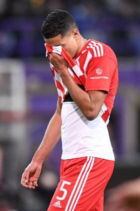 Soccer Europa League Round of 16 Union Saint Gilloise 1 FC Union Berlin on 16 03 2023 Lotto Park in Anderlecht Danilho Doekhi Berlin disappointed xHDx