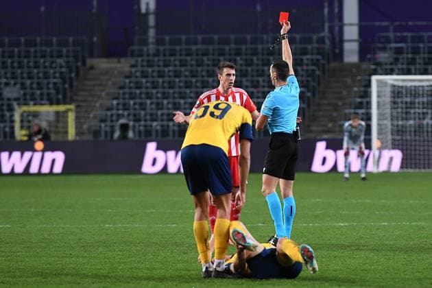 Soccer Europa League Round of 16 Union Saint Gilloise 1 FC Union Berlin on 16 03 2023 Lotto Park in Anderlecht Yellow Red Card for Janik Haberer Berlin xHDx