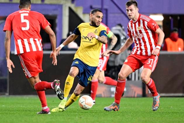 ANDERLECHT, BELGIUM - MARCH 16 : Lapoussin Loic forward of Union St-Gilloise during the UEFA Europa League round of 16, 2nd leg between Royal Union Saint-Gilloise and FC Union Berlin on March 16, 2023 in Anderlecht, Belgium, 16 03 2023 ( Royal Union Saint-Gilloise v Union Berlin - UEFA Europa League PhotoNews Panoramic 