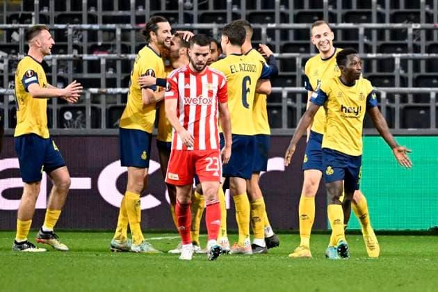 ANDERLECHT, BELGIUM - MARCH 16 : Amani Lazare midfielder of Union St-Gilloise celebrates scoring a goal during the UEFA Europa League round of 16, 2nd leg between Royal Union Saint-Gilloise and FC Union Berlin on March 16, 2023 in Anderlecht, Belgium, 16 03 2023 ( Royal Union Saint-Gilloise v Union Berlin - UEFA Europa League PhotoNews Panoramic 