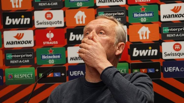 16 03 2023 Freiburg im Breisgau, Baden Württemberg, Germany, Europe coach Christian Streich SC Freiburg pissed, disappointed, sad, angry at the press conference after the match Football UEFA Europa League 2022 2023 Round of 16 second leg SC Freiburg Juventus Torino, at Europa Park stadium.