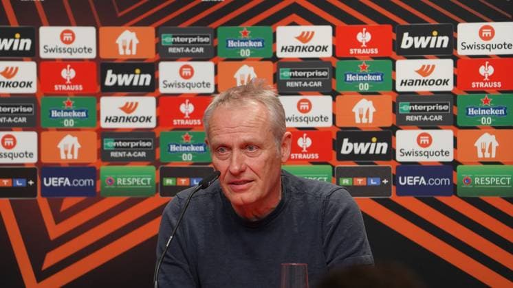 16 03 2023 Freiburg im Breisgau, Baden Württemberg, Germany, Europe coach Christian Streich SC Freiburg pissed, disappointed, sad, angry at the press conference after the match Football UEFA Europa League 2022 2023 Round of 16 second leg SC Freiburg Juventus Torino, at Europa Park stadium.