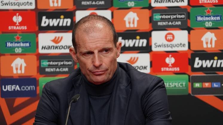 16 03 2023 Freiburg im Breisgau, Baden Württemberg, Germany, Europe coach Massimiliano Allegri Juventus Turin post-match press conference Football UEFA Europa League 2022 2023 Round of 16 second leg SC Freiburg Juventus Turin, at Europa Park Stadium