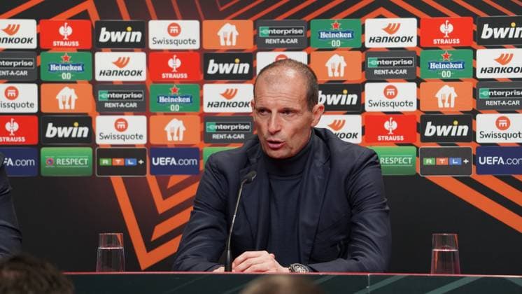 16 03 2023 Freiburg im Breisgau, Baden Württemberg, Germany, Europe coach Massimiliano Allegri Juventus Turin post-match press conference Football UEFA Europa League 2022 2023 Round of 16 second leg SC Freiburg Juventus Turin, at Europa Park Stadium