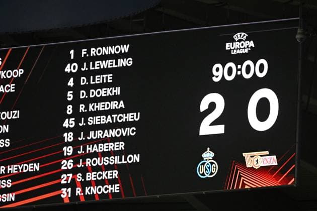 ANDERLECHT, BELGIUM - MARCH 16 : scoreboard during the UEFA Europa League round of 16, 2nd leg between Royal Union Saint-Gilloise and FC Union Berlin on March 16, 2023 in Anderlecht, Belgium, 16 03 2023 ( Royal Union Saint-Gilloise v Union Berlin - UEFA Europa League PhotoNews Panoramic 