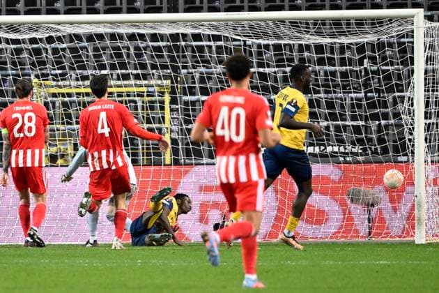 ANDERLECHT, BELGIUM - MARCH 16 : Amani Lazare midfielder of Union St-Gilloise scores a goal during the UEFA Europa League round of 16, 2nd leg between Royal Union Saint-Gilloise and FC Union Berlin on March 16, 2023 in Anderlecht, Belgium, 16 03 2023 ( Royal Union Saint-Gilloise v Union Berlin - UEFA Europa League PhotoNews Panoramic 