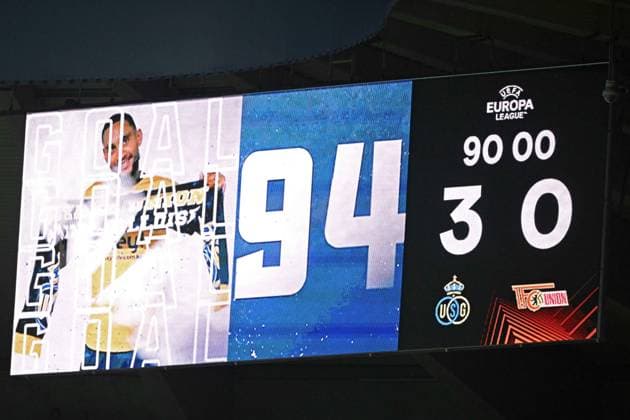 ANDERLECHT, BELGIUM - MARCH 16 : scoreboard during the UEFA Europa League round of 16, 2nd leg between Royal Union Saint-Gilloise and FC Union Berlin on March 16, 2023 in Anderlecht, Belgium, 16 03 2023 ( Royal Union Saint-Gilloise v Union Berlin - UEFA Europa League PhotoNews Panoramic 