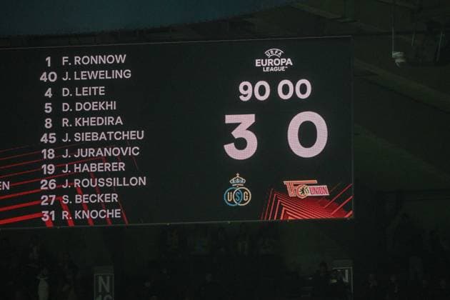 Football, men, season 2022 2023, Europa League Round of 16, second leg , Royale Union Saint Gilloise 1 FC Union Berlin at Lotto Park Brussels, scoreboard with the final score , 16 03 2023, Copyright: xMatthiasxKochx