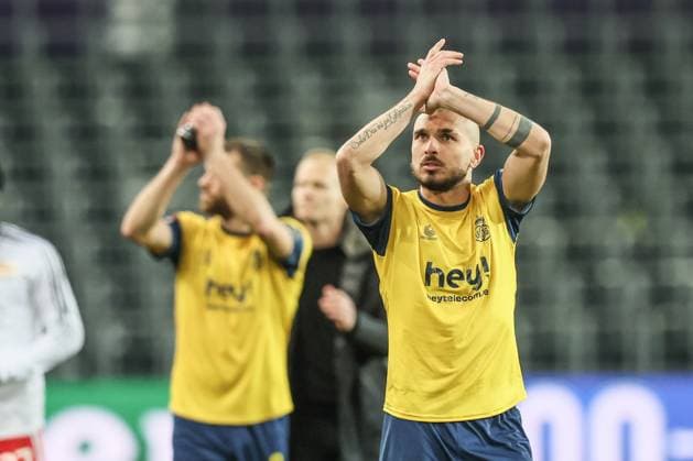 Union s players celebrate after winning a soccer game between Belgian Royale Union Saint-Gilloise and German Union Berlin, Thursday 16 March 2023 in Anderlecht, Brussels, the return leg of the round of 16 of the UEFA Europa League competition, after a 3-3 draw result at the first leg. BRUNOxFAHY  x63153334x