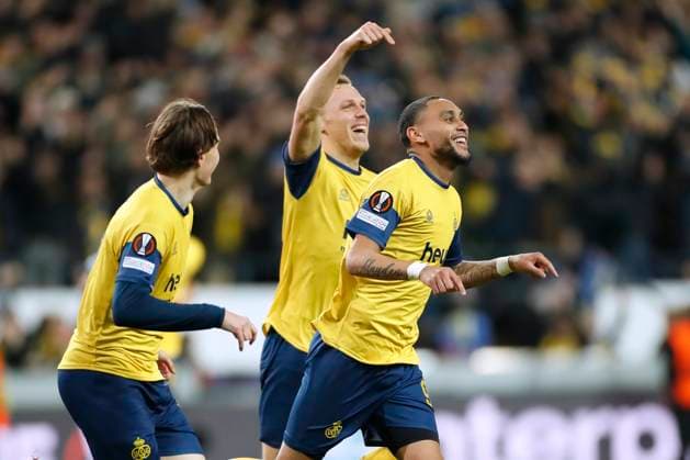 ANDERLECHT, BELGIUM - MARCH 16 : Lapoussin Loic forward of Union St-Gilloise celebrates after scoring during the UEFA Europa League round of 16, 2nd leg between Royal Union Saint-Gilloise and FC Union Berlin on March 16, 2023 in Anderlecht, Belgium, 16 03 2023 ( Royal Union Saint-Gilloise v Union Berlin - UEFA Europa League PhotoNews Panoramic 