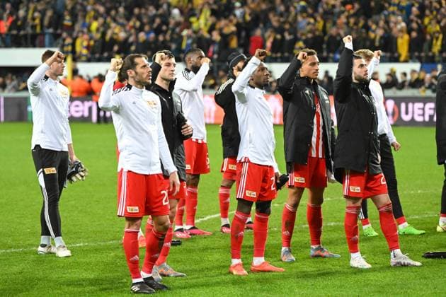 Football, men, season 2022 2023, Europa League Round of 16, second leg , Royale Union Saint Gilloise 1 FC Union Berlin at Lotto Park Brussels, 1 FC Union Berlin players disappointed , 16 03 2023, Copyright: xMatthiasxKochx