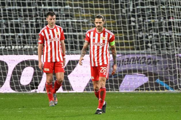 Football, men, season 2022 2023, Europa League Round of 16, second leg , Royale Union Saint Gilloise 1 FC Union Berlin at Lotto Park Brussels, v l Robin Knoche 1 FC Union Berlin and Christopher Trimmel 1 FC Union Berlin disappointed , 16 03 2023, Copyright: xMatthiasxKochx