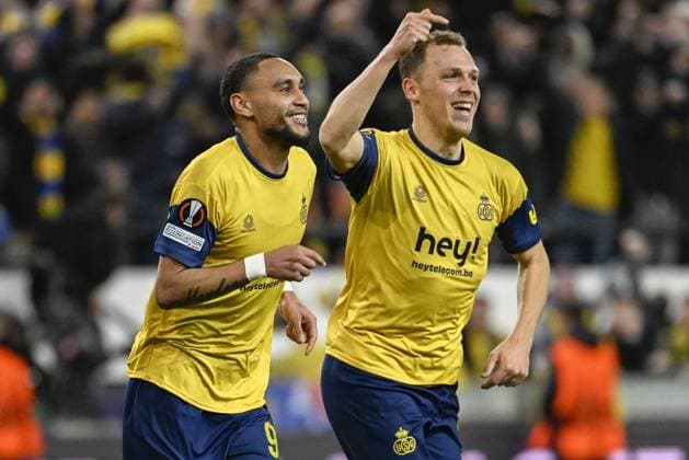 Union s Loic Lapoussin celebrates after scoring during a soccer game between Belgian Royale Union Saint-Gilloise and German Union Berlin, Thursday 16 March 2023 in Anderlecht, Brussels, the return leg of the round of 16 of the UEFA Europa League competition, after a 3-3 draw result at the first leg. LAURIExDIEFFEMBACQ  x63153899x