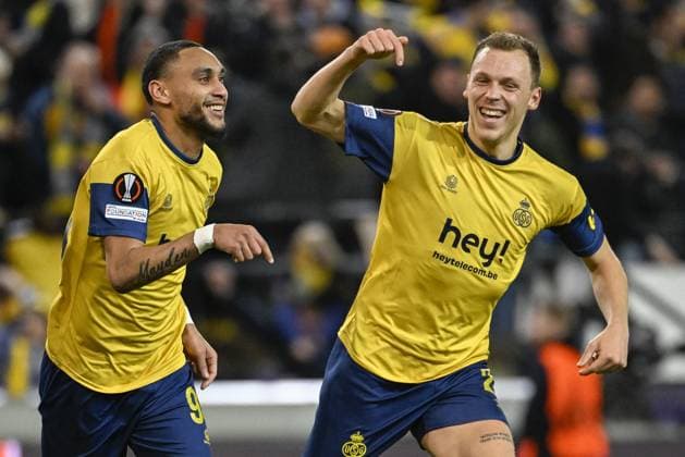 Union s Loic Lapoussin celebrates after scoring during a soccer game between Belgian Royale Union Saint-Gilloise and German Union Berlin, Thursday 16 March 2023 in Anderlecht, Brussels, the return leg of the round of 16 of the UEFA Europa League competition, after a 3-3 draw result at the first leg. LAURIExDIEFFEMBACQ  x63153924x