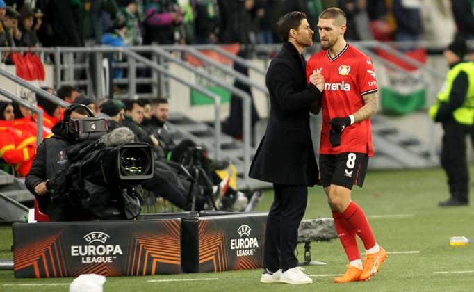 16.03.2023 Budapest(Hungary) Ferencvarosi TC-Bayer 04 Leverkusen Europa League round of 16 men s football Xabi Alonso(C) Bayer 04 Leverkusen coach ,Robert Andrich(R) :