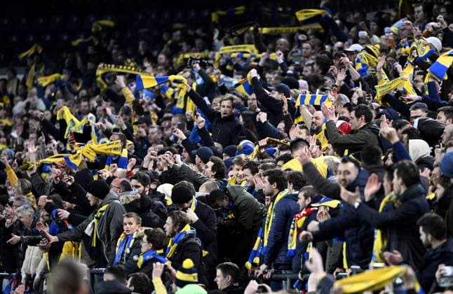 ANDERLECHT, BELGIUM - MARCH 16 : supporters and fans during the UEFA Europa League round of 16, 2nd leg between Royal Union Saint-Gilloise and FC Union Berlin on March 16, 2023 in Anderlecht, Belgium, 16 03 2023 ( Royal Union Saint-Gilloise v Union Berlin - UEFA Europa League PhotoNews Panoramic 