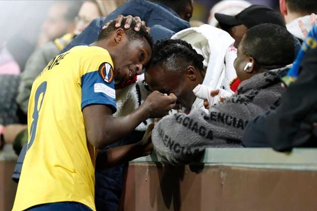 ANDERLECHT, BELGIUM - MARCH 16 : Amani Lazare midfielder of Union St-Gilloise celebrates here victory during the UEFA Europa League round of 16, 2nd leg between Royal Union Saint-Gilloise and FC Union Berlin on March 16, 2023 in Anderlecht, Belgium, 16 03 2023 ( Royal Union Saint-Gilloise v Union Berlin - UEFA Europa League PhotoNews Panoramic 