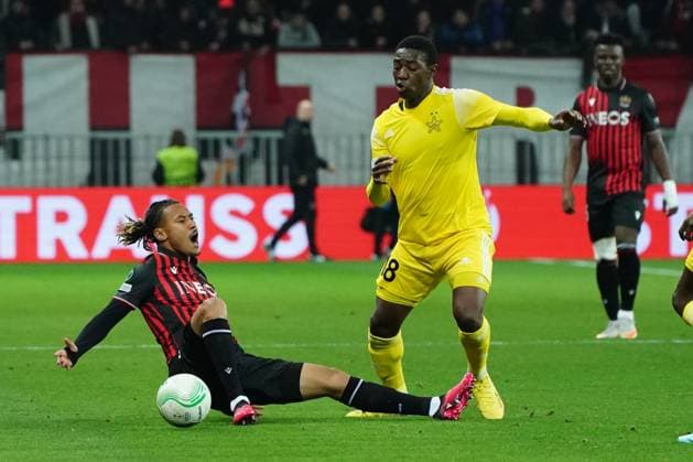 Alexis Beka Beka (OGC Nice) - Moussa Kyabou (Sheriff Tiraspol) FOOTBALL : OGC Nice vs Football Club Sheriff Tiraspol - 8 eme de finale retour Europa Conference League - Nice - 16 03 2023 NorbertScanella Panoramic 